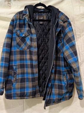 CQR Men's Blue & Black Plaid Quilted Lightweight Hooded Shirt Jacket